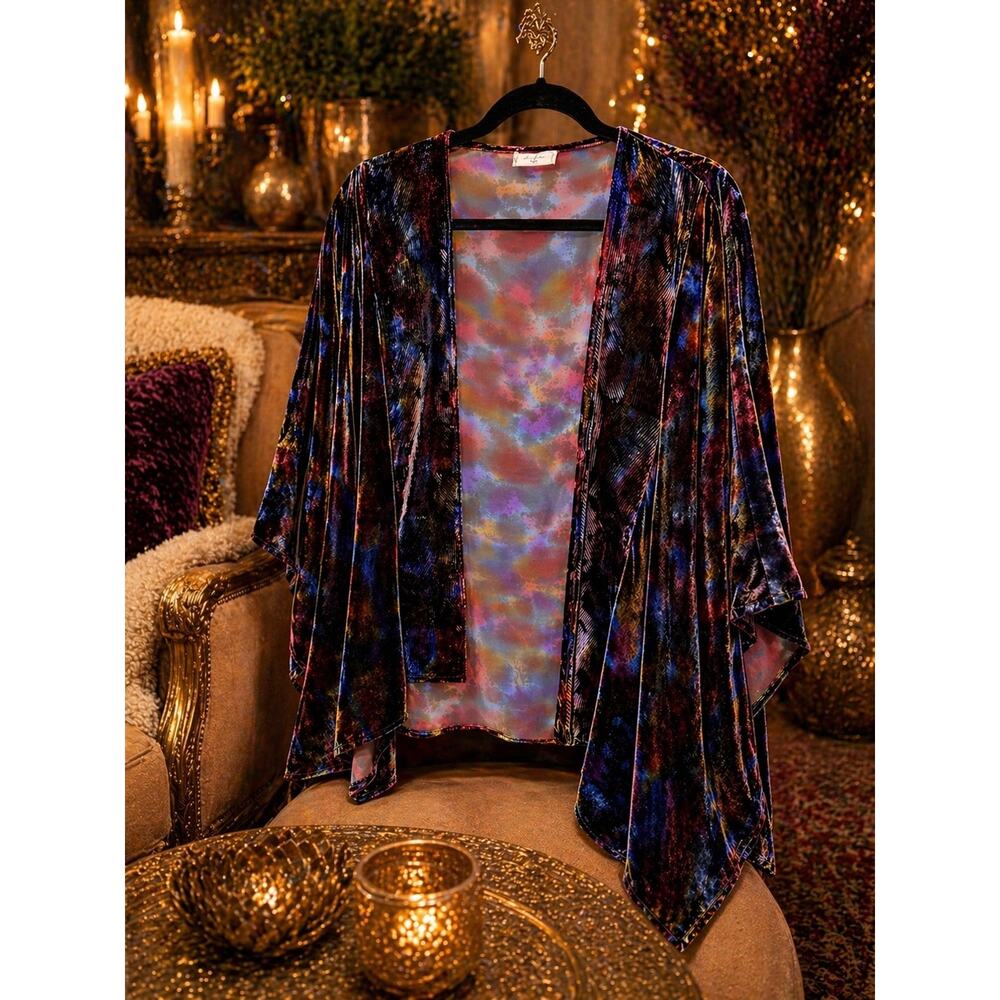 Lisa Archer Silk Velvet Shrug Hand Dyed Batwing Wearable Art Boho OS Galaxy Oil